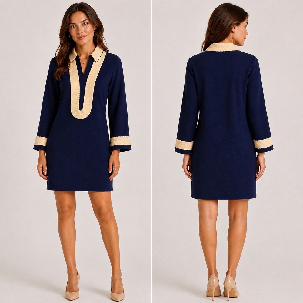 Sail to Sable Navy Blue Linen Tunic Dress Gold Woven Trim V-Neck Long Sleeve L